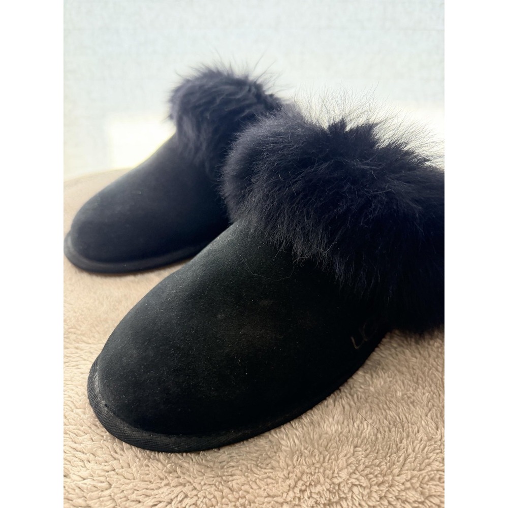 UGG Shoes Womens Size 10 Black Fur Trim Suede Slip On Mule Slippers 1122750